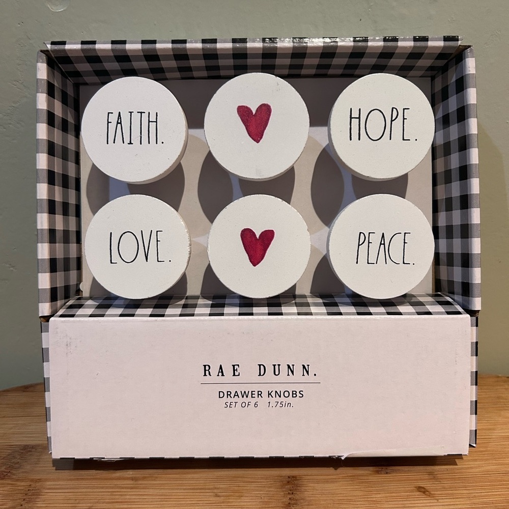 Rae Dunn Set of 6 White Round Drawer Knobs With Red Heart Accents
